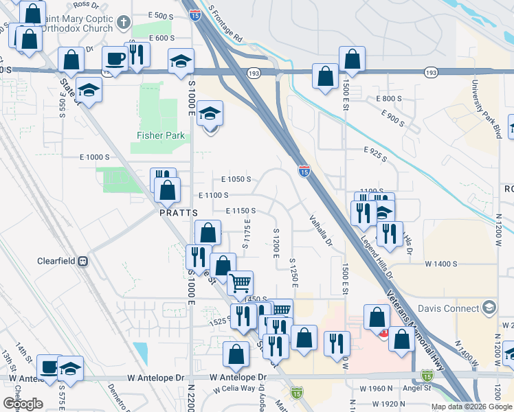map of restaurants, bars, coffee shops, grocery stores, and more near 1173 East 1150 South in Clearfield