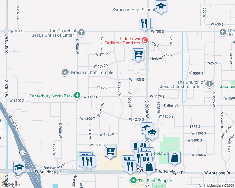 map of restaurants, bars, coffee shops, grocery stores, and more near 2170 West 1175 South in Syracuse