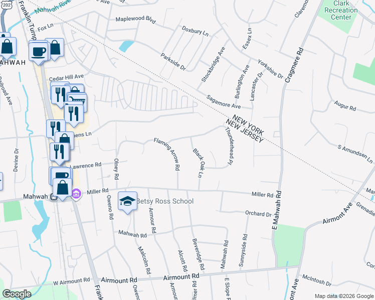 map of restaurants, bars, coffee shops, grocery stores, and more near 39 Flaming Arrow Road in Mahwah