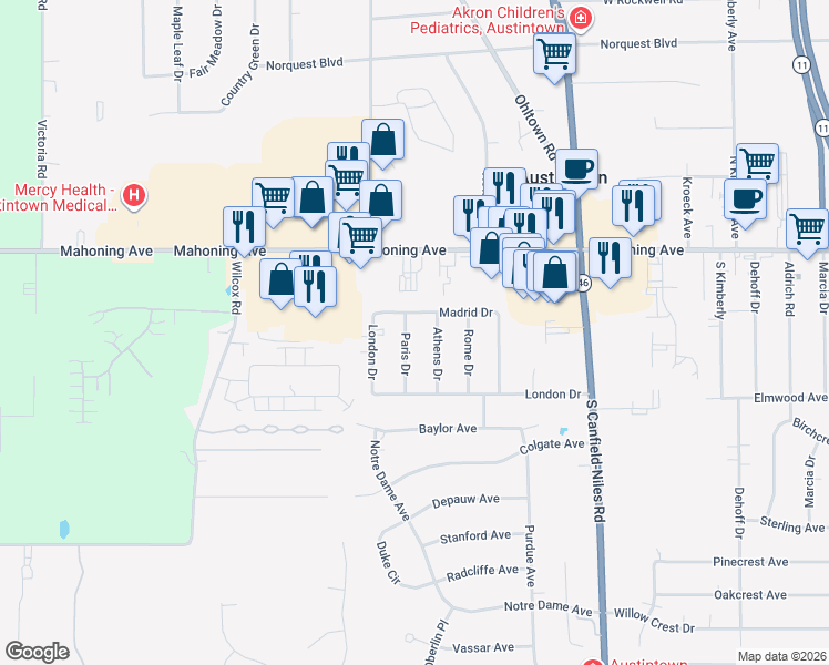 map of restaurants, bars, coffee shops, grocery stores, and more near 285 Paris Drive in Youngstown