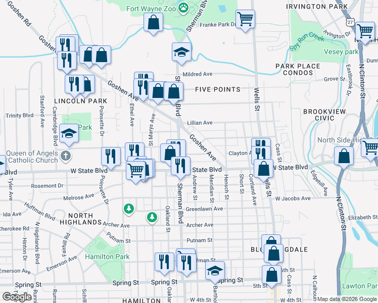 map of restaurants, bars, coffee shops, grocery stores, and more near 831 Hofer Avenue in Fort Wayne