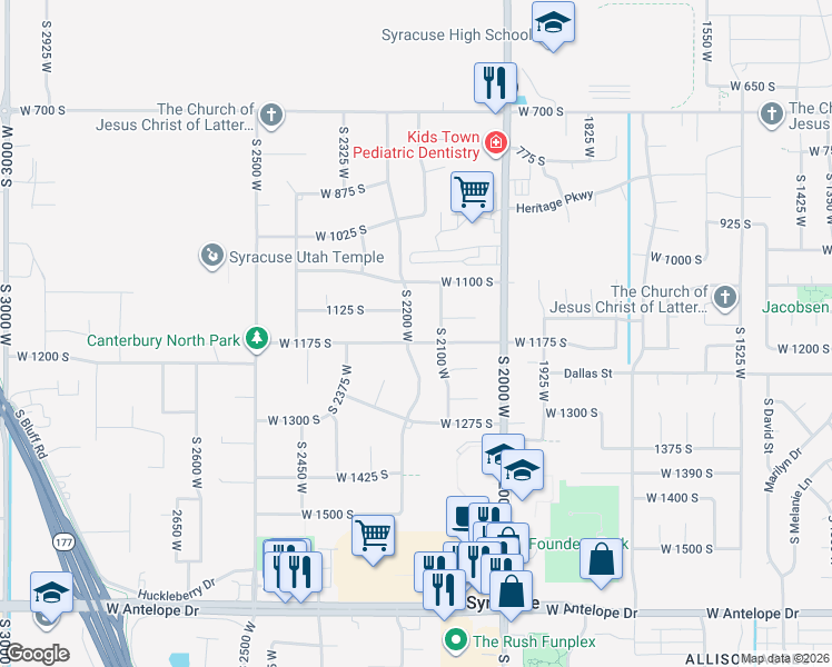 map of restaurants, bars, coffee shops, grocery stores, and more near 2170 West 1175 South in Syracuse