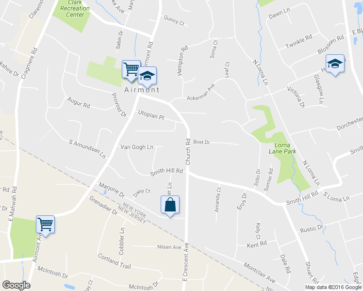 map of restaurants, bars, coffee shops, grocery stores, and more near 38 Church Road in Suffern