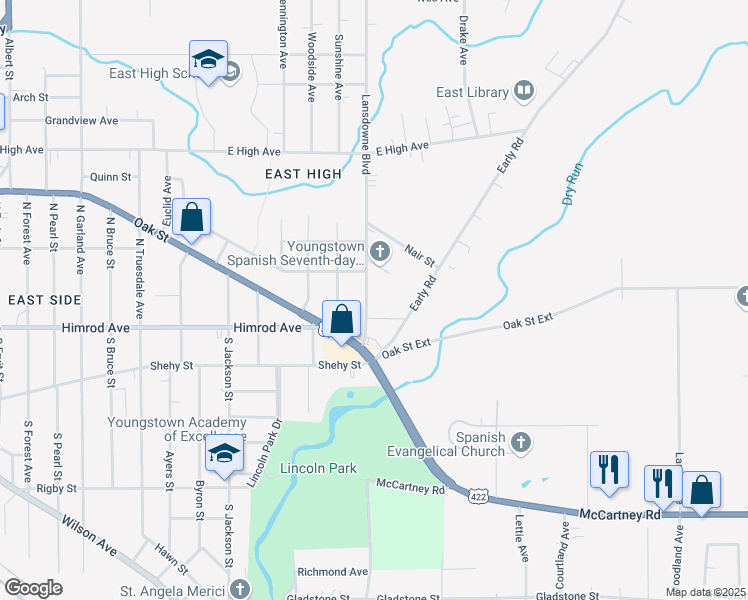 map of restaurants, bars, coffee shops, grocery stores, and more near 53 Lansdowne Boulevard in Youngstown