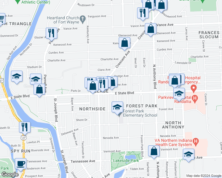 map of restaurants, bars, coffee shops, grocery stores, and more near 2313 California Avenue in Fort Wayne