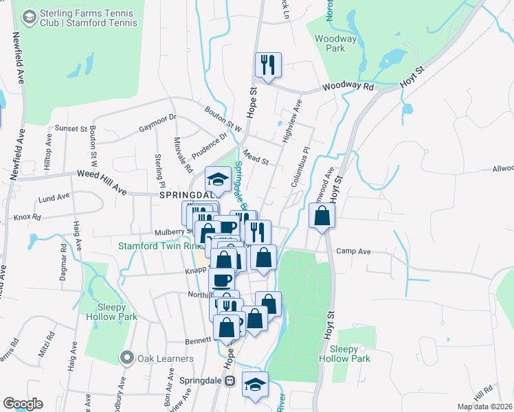 map of restaurants, bars, coffee shops, grocery stores, and more near 42 Highview Avenue in Stamford