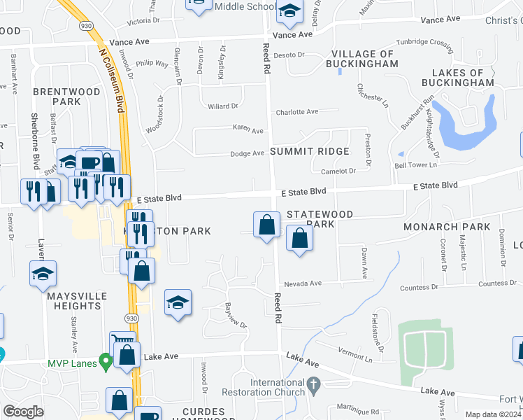 map of restaurants, bars, coffee shops, grocery stores, and more near 4730 East State Boulevard in Fort Wayne
