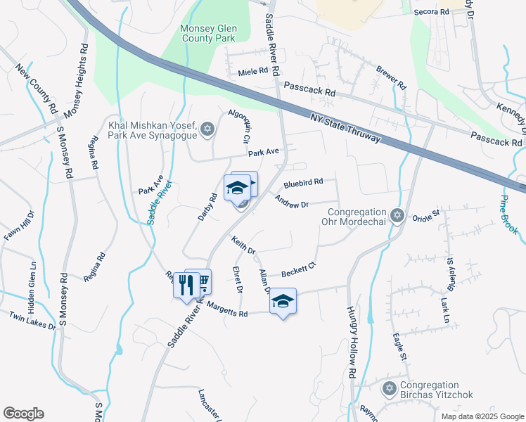 map of restaurants, bars, coffee shops, grocery stores, and more near 259 Saddle River Road in Monsey