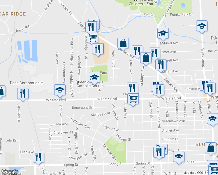 map of restaurants, bars, coffee shops, grocery stores, and more near 1429 Irene Avenue in Fort Wayne