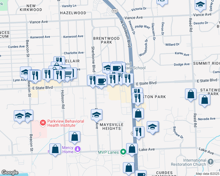 map of restaurants, bars, coffee shops, grocery stores, and more near 3812 East State Boulevard in Fort Wayne
