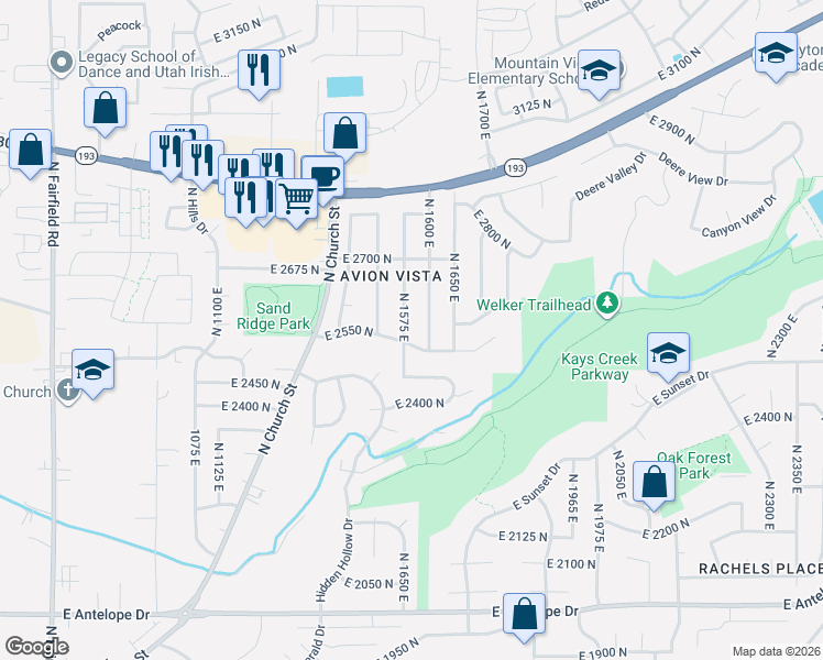 map of restaurants, bars, coffee shops, grocery stores, and more near 2562 North 1575 East in Layton