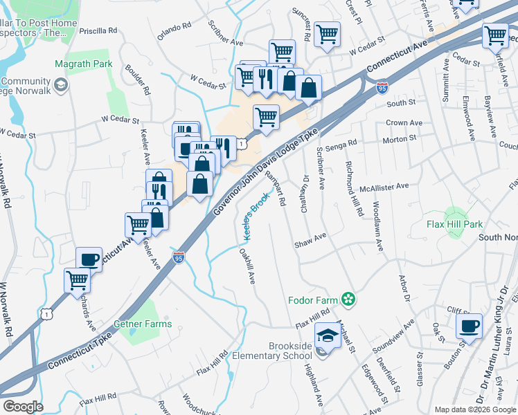 map of restaurants, bars, coffee shops, grocery stores, and more near 25 Westview Lane in Norwalk