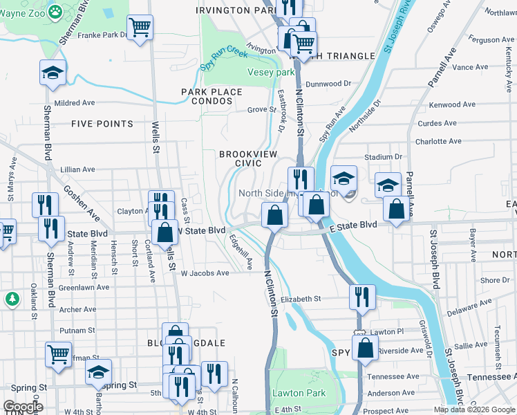 map of restaurants, bars, coffee shops, grocery stores, and more near 136-138 East State Boulevard in Fort Wayne