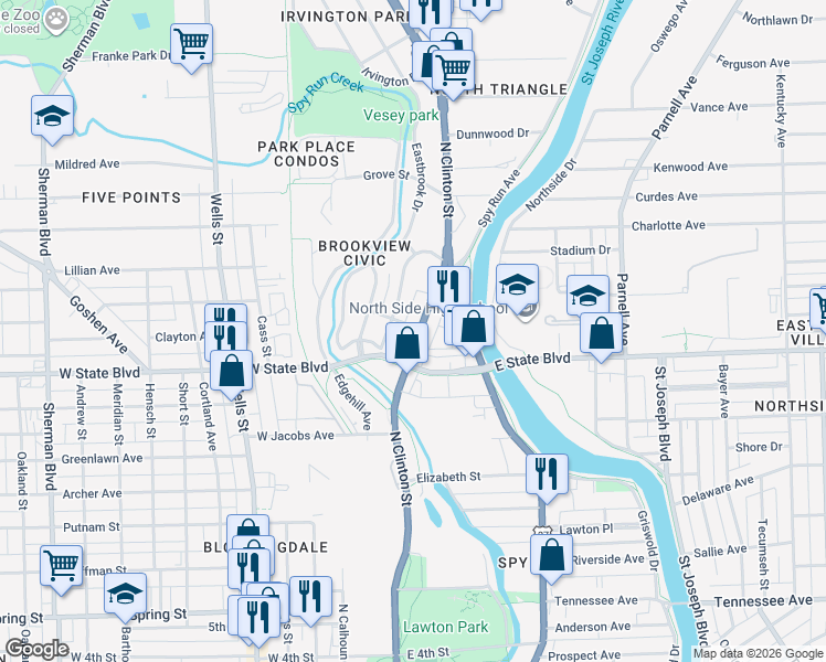 map of restaurants, bars, coffee shops, grocery stores, and more near 2333 North Clinton Street in Fort Wayne