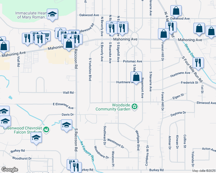 map of restaurants, bars, coffee shops, grocery stores, and more near 212 South Roanoke Avenue in Youngstown