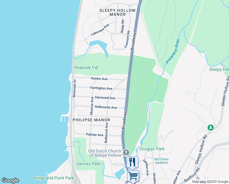 map of restaurants, bars, coffee shops, grocery stores, and more near 19 Harwood Avenue in Sleepy Hollow