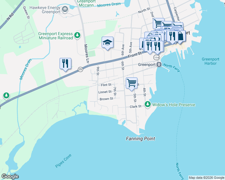 map of restaurants, bars, coffee shops, grocery stores, and more near 711 Linnet Street in Greenport