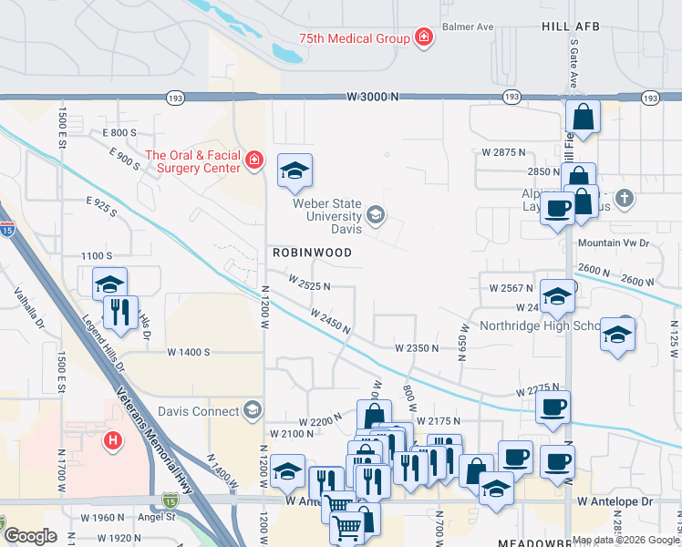 map of restaurants, bars, coffee shops, grocery stores, and more near 1011 West 2600 North in Layton