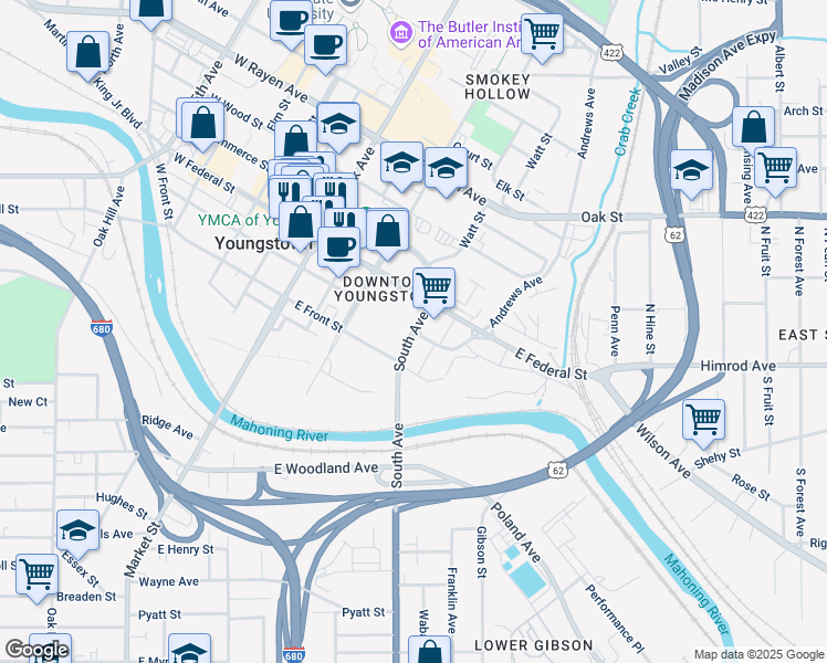 map of restaurants, bars, coffee shops, grocery stores, and more near 300 East Boardman Street in Youngstown