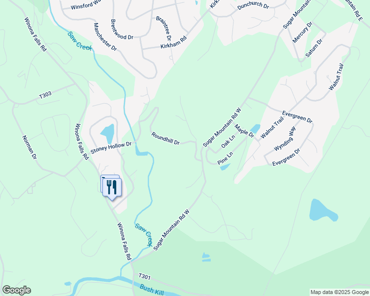 map of restaurants, bars, coffee shops, grocery stores, and more near 113 Roundhill Drive in Bushkill
