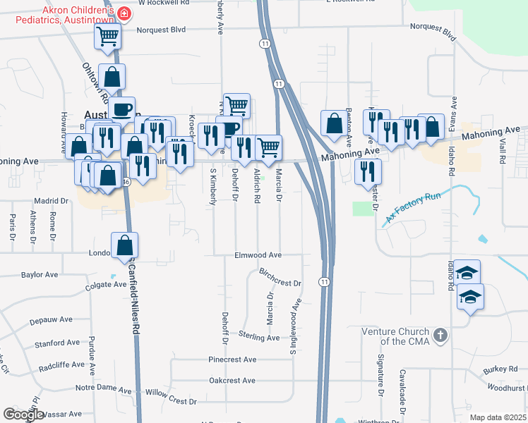map of restaurants, bars, coffee shops, grocery stores, and more near 125 Aldrich Road in Youngstown