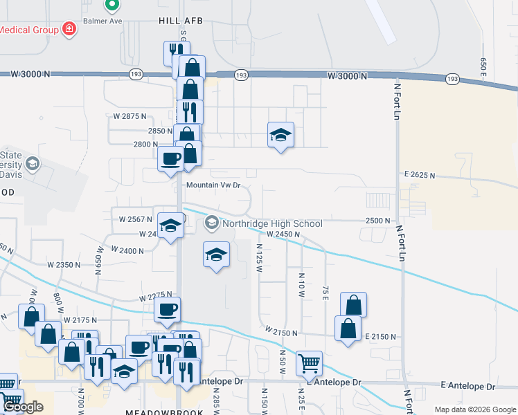 map of restaurants, bars, coffee shops, grocery stores, and more near 32 West 2650 North in Layton
