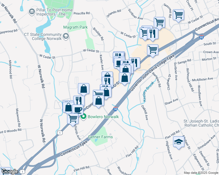 map of restaurants, bars, coffee shops, grocery stores, and more near 575 U.S. 1 in Norwalk