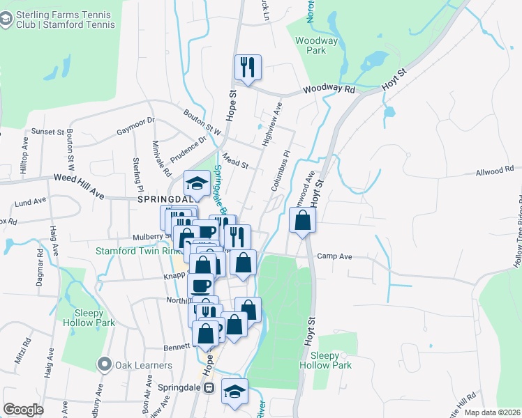 map of restaurants, bars, coffee shops, grocery stores, and more near 12 Columbus Place in Stamford