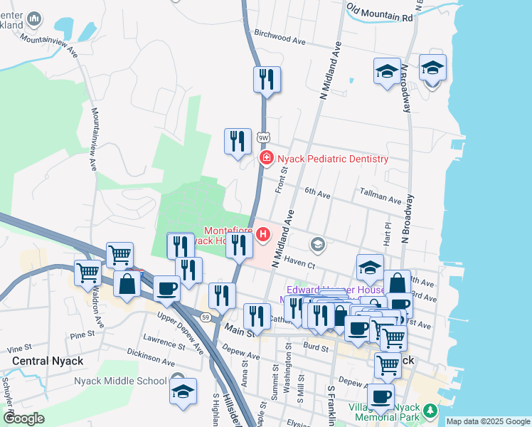 map of restaurants, bars, coffee shops, grocery stores, and more near 2 Front Street in Nyack