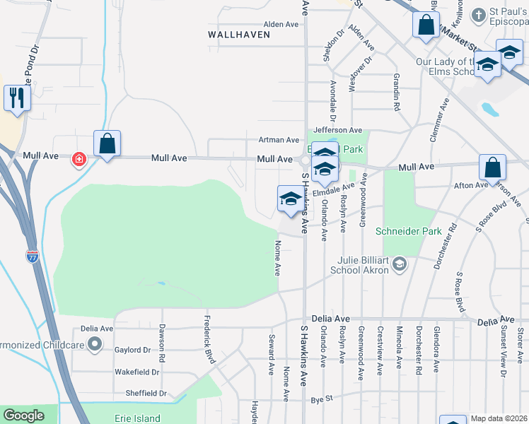 map of restaurants, bars, coffee shops, grocery stores, and more near 1591-1639 West Sunset View Drive in Akron