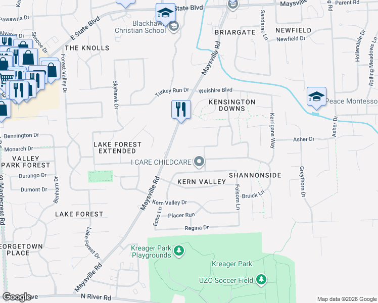 map of restaurants, bars, coffee shops, grocery stores, and more near 7501-7507 Tipperary Trail in Fort Wayne