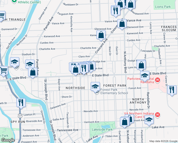 map of restaurants, bars, coffee shops, grocery stores, and more near 2309 California Avenue in Fort Wayne