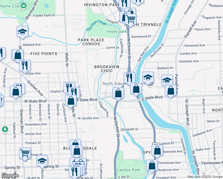 map of restaurants, bars, coffee shops, grocery stores, and more near 136-138 East State Boulevard in Fort Wayne