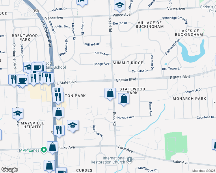 map of restaurants, bars, coffee shops, grocery stores, and more near 4730 East State Boulevard in Fort Wayne