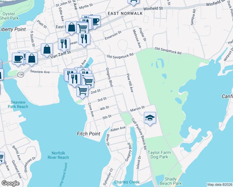 map of restaurants, bars, coffee shops, grocery stores, and more near 2 Ludlow Manor in Norwalk
