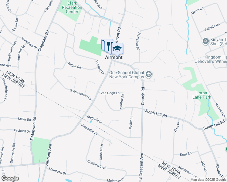 map of restaurants, bars, coffee shops, grocery stores, and more near 7 Van Gogh Lane in Airmont