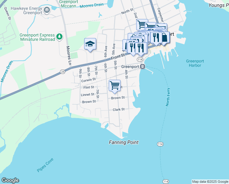 map of restaurants, bars, coffee shops, grocery stores, and more near 305 5th Street in Greenport