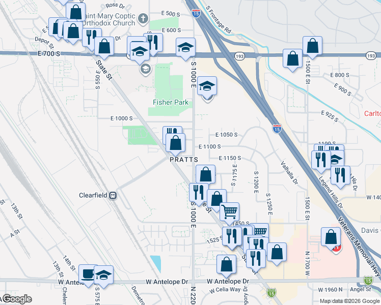 map of restaurants, bars, coffee shops, grocery stores, and more near 1146 South 1000 East in Clearfield