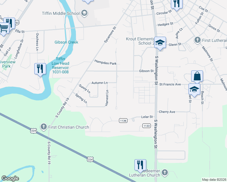 map of restaurants, bars, coffee shops, grocery stores, and more near 96 Gibson Court in Tiffin