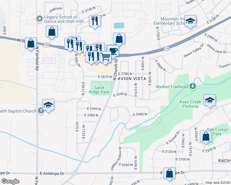 map of restaurants, bars, coffee shops, grocery stores, and more near 2567 North 1450 East in Layton