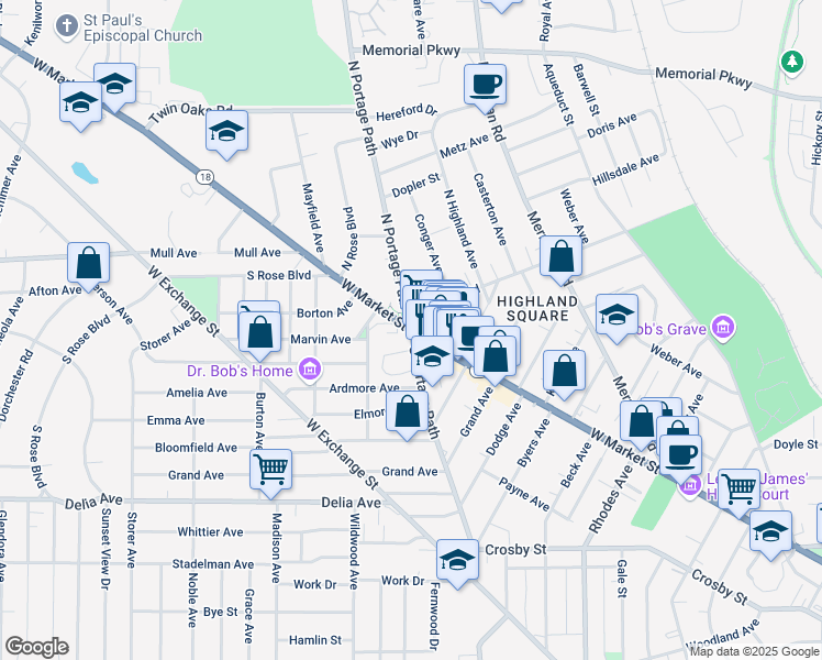 map of restaurants, bars, coffee shops, grocery stores, and more near W Market St & N Portage Path in Akron