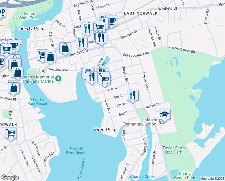 map of restaurants, bars, coffee shops, grocery stores, and more near 30 2nd Street in Norwalk