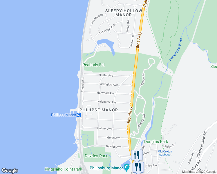 map of restaurants, bars, coffee shops, grocery stores, and more near 151 Harwood Avenue in Sleepy Hollow