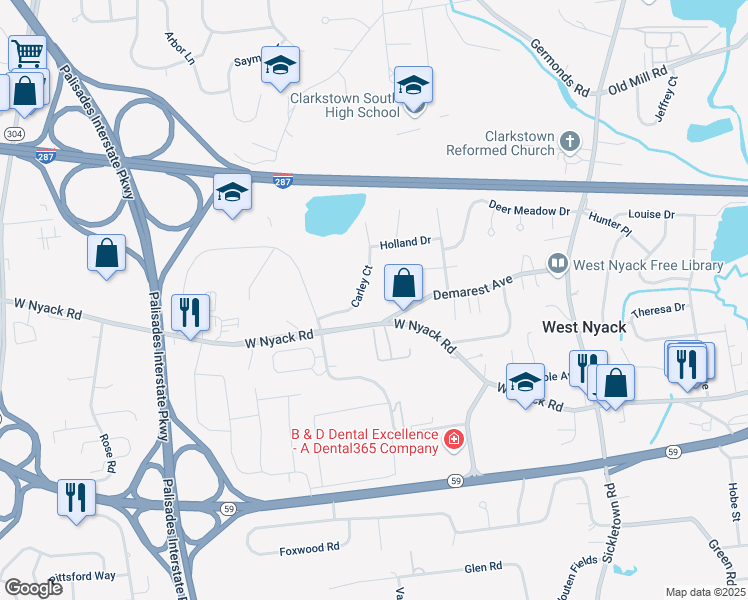 map of restaurants, bars, coffee shops, grocery stores, and more near 86 Demarest Avenue in West Nyack