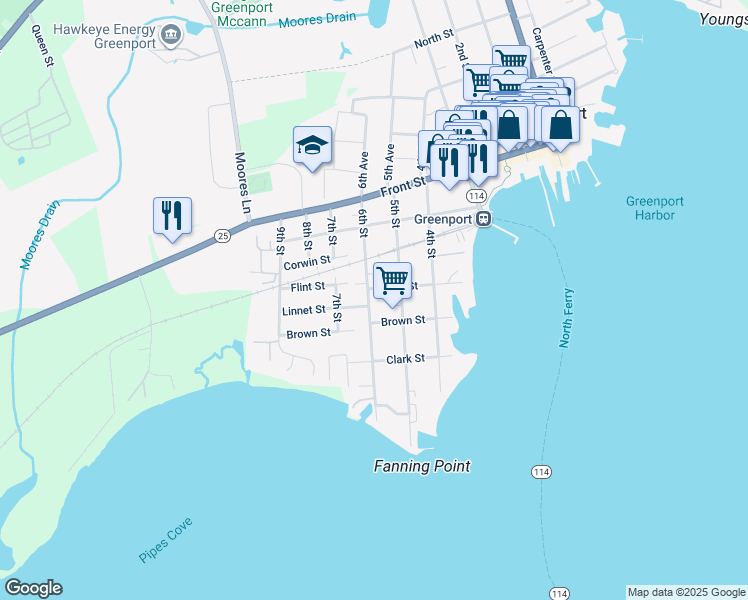 map of restaurants, bars, coffee shops, grocery stores, and more near 318 6th Street in Greenport