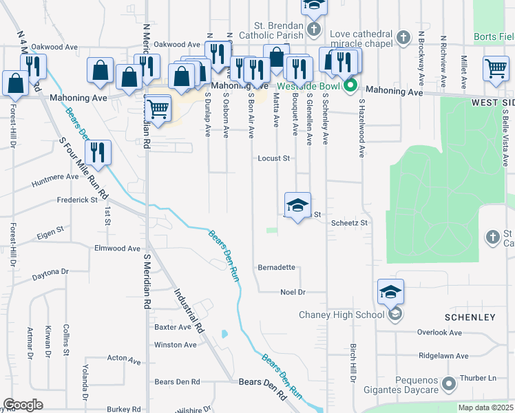 map of restaurants, bars, coffee shops, grocery stores, and more near 301 South Bon Air Avenue in Youngstown