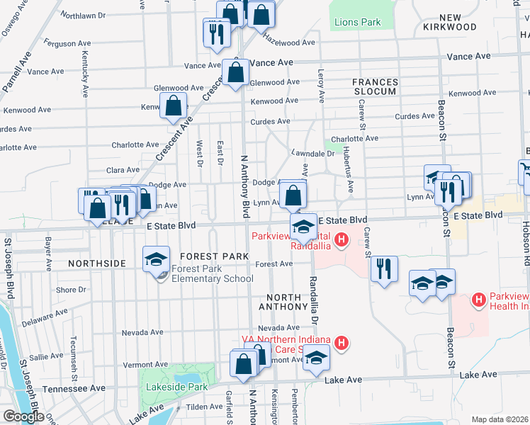 map of restaurants, bars, coffee shops, grocery stores, and more near 2301 Kensington Boulevard in Fort Wayne