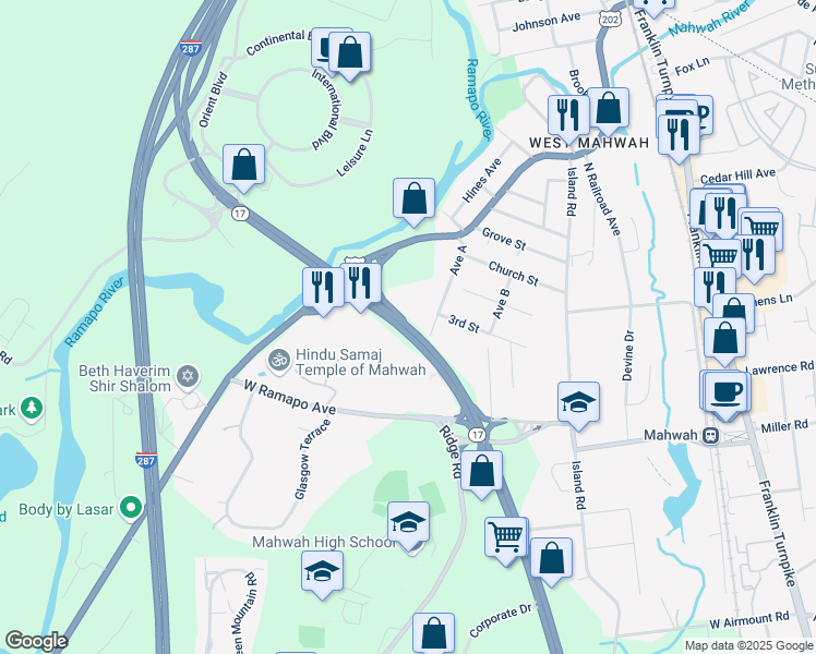 map of restaurants, bars, coffee shops, grocery stores, and more near 185 North Route 17 in Mahwah