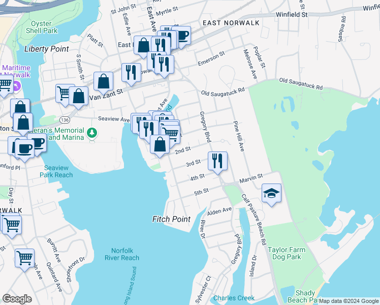 map of restaurants, bars, coffee shops, grocery stores, and more near 5 3rd Street in Norwalk