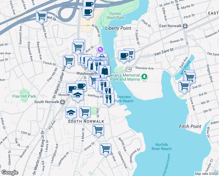 map of restaurants, bars, coffee shops, grocery stores, and more near 85 Connecticut 136 in Norwalk